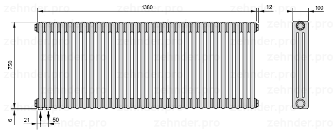 Схема (чертеж) Радиатор Zehnder Charleston 3075/30 №3370 Белый глянцевый RAL 9016